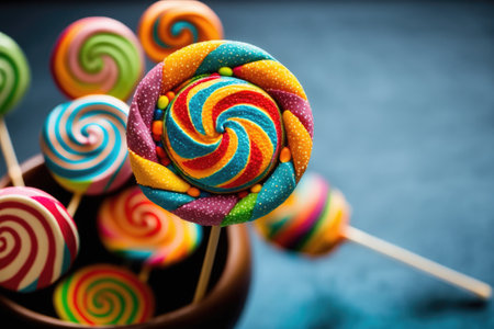 Candies with a multicolored swirl on a stick. colorful spiral candy with stripesの素材