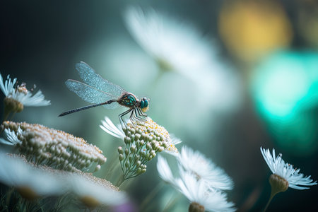 image with a dragonfly in selective focus hovering on a flowerの素材