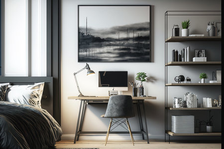 Loft style bedroom decor with computer and office supplies on deskの素材