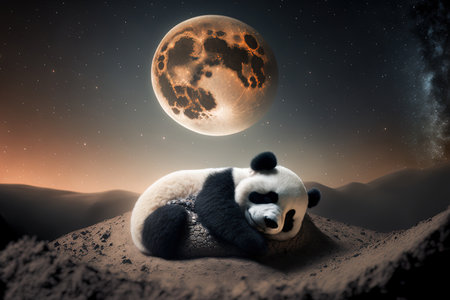 adorable newborn panda resting on the moonの素材
