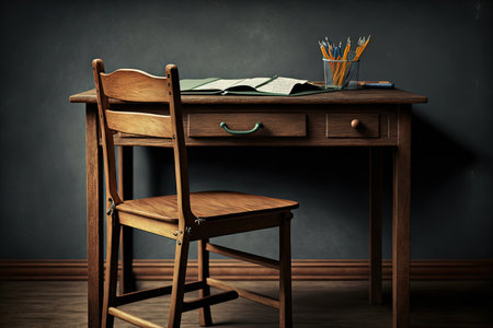 Wooden desk with stationery and chair in class on blackboard backgroundの素材