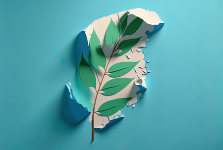 On a white backdrop, a fake green twig is located close to ripped blue paperの素材