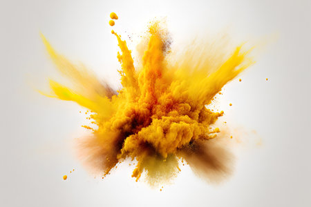 Explosion of yellow powder on a white backgroundの素材