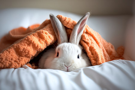 Funny rabbit snoozes in bed with a white blanket. Spring surpriseの素材