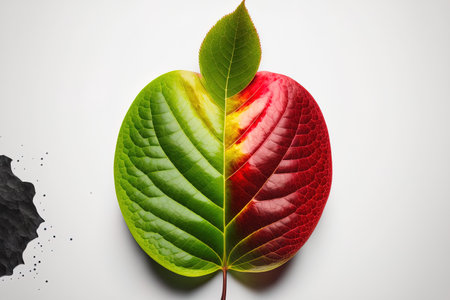 Green leaf and a red, juicy apple are isolated on a white backdropの素材
