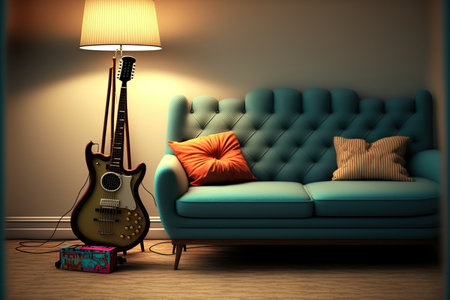 Couch, lamp, and rack in the living roomの素材