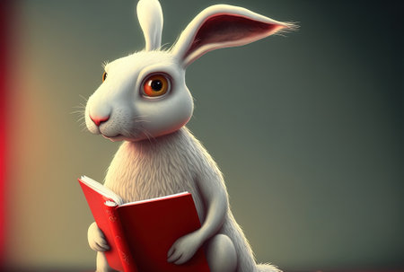 White cartoon hare with a red book is adorableの素材