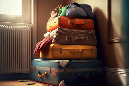 Bags and large bags packed for a summer trip are in the roomの素材