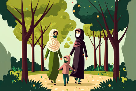 Muslim family strolls through parkの素材
