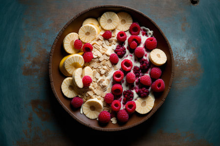 Banana slices, raspberries, and cranberries in a yogurt dish. cereal made with fruitの素材