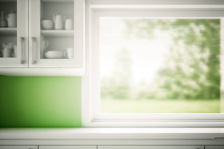 Banner background with a blurred white, green, and green color from a kitchen windowの素材
