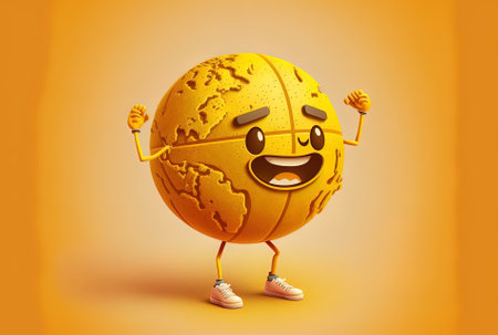 Basketball figure mascot for the Earth globe on a yellow backdropの素材