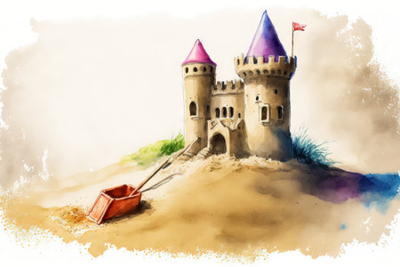 Beach game with a watercolor sand castle drawingの素材