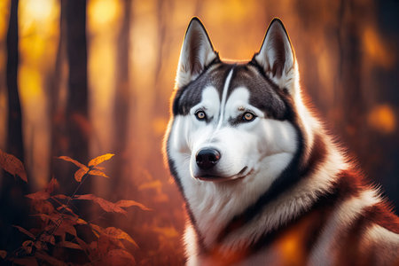Beautiful Siberian Husky dog portrait standing in a vibrant, alluring fall woodlandの素材
