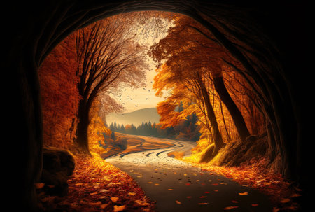 Beautiful autumn view with a road through the woodland and falling leavesの素材