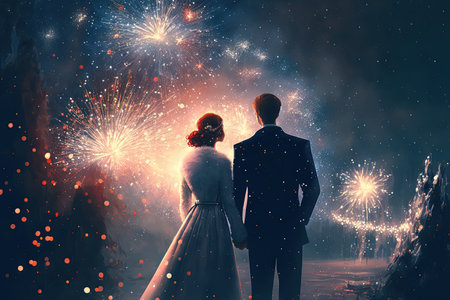 Beautiful and fashionable newlyweds admiring fireworksの素材