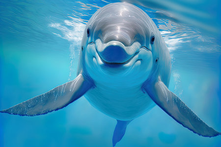 Beautiful dolphin with a smile in a blue swimming pool on a beautiful, clear dayの素材