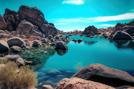 Beautiful daylight photo of the water near some rocks with a blue sky in the distanceの素材