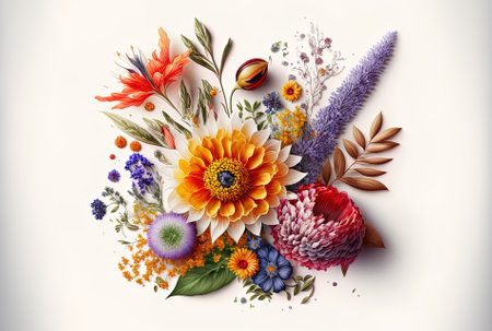 Beautiful arrangement of vibrant fresh flowers set against a white backgroundの素材