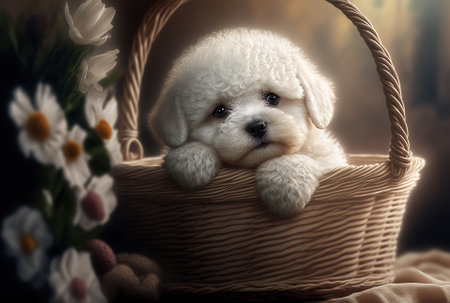 Beautiful bichon in a basketの素材
