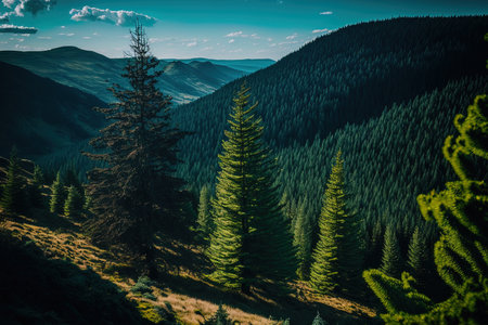 Beautiful green pine trees line the Ukrainian Carpathian Mountainsの素材