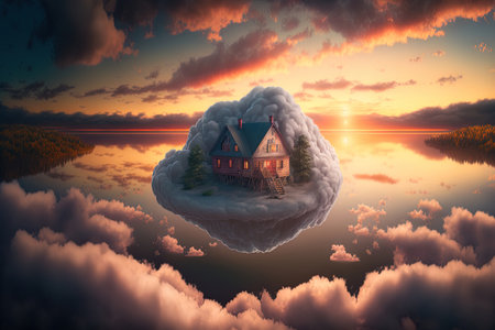 Beautiful clouds and a sunset with dramatic light. Aerial picture of the cabinの素材