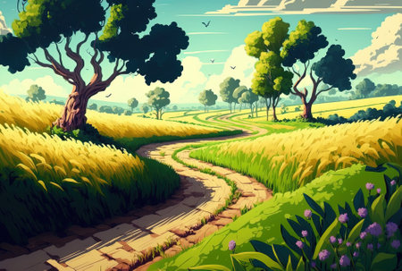Beautiful image of a rural field with a pathway in the midst of itの素材