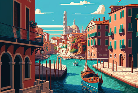 Beautiful image of Venetian canals in Italy with distant houses and boatsの素材