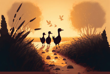 Beautiful image of ducks with a hazy background beside a footpath and parched grassの素材