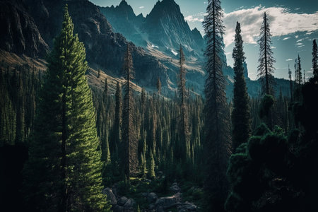 Beautiful image of a forest and tall, rocky mountainsの素材