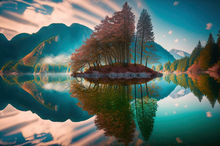 Beautiful landscape in Slovenia with a lake and trees that are reflected in itの素材