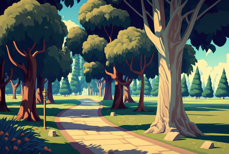 Beautiful landscape of a walkway in a park at midday, with big trees around itの素材