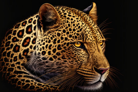 Beautiful large leopard in close up, isolated on a dark backgroundの素材