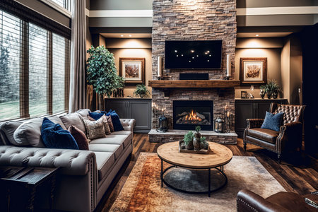 Beautiful living room with fireplace, hardwood floors, and other amenitiesの素材