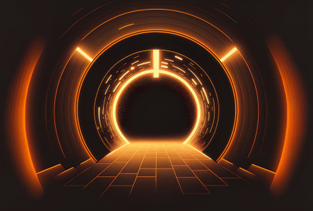 Beautiful neon light portal with illuminating orange lines against a tunnel backdropの素材