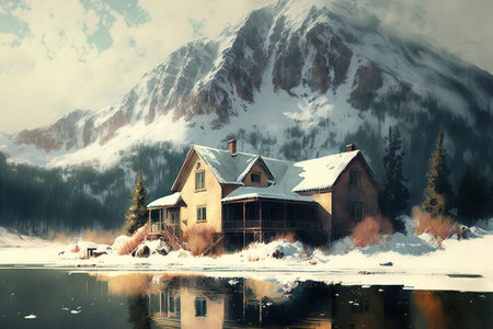 Beautiful midday image of a home near a lake and gray mountains covered with snowの素材