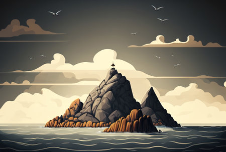 Beautiful midday vertical image of little hills in the sea beneath a gloomy skyの素材