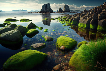 Beautiful seaside view with several moss covered rocksの素材