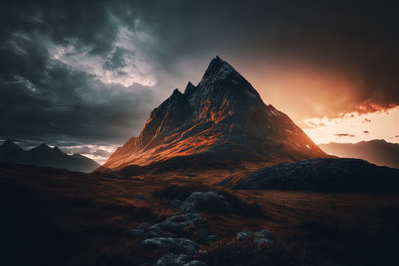 Beautiful photograph of a mountain against a gloomy skyの素材