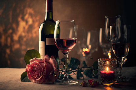 Beautiful roses and wine on a romantic table with a blurry backgroundの素材