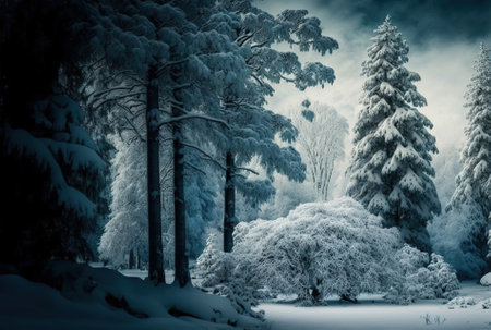 Beautiful sight of several trees covered with snow in a forestの素材