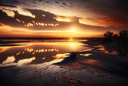 Beautiful sunset view with mudflat reflections in a foggy skyの素材