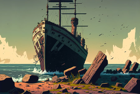 Beautiful view of a ship that has been abandoned on the shoreの素材