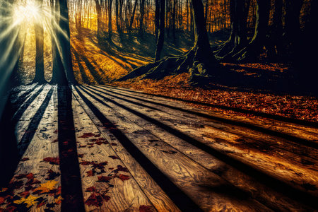Beautiful sunshine in a woodland in the fall and a floor made of woodの素材