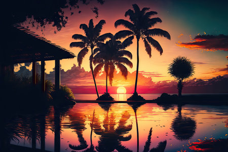 Beautiful sunset at a tropical beach resortの素材