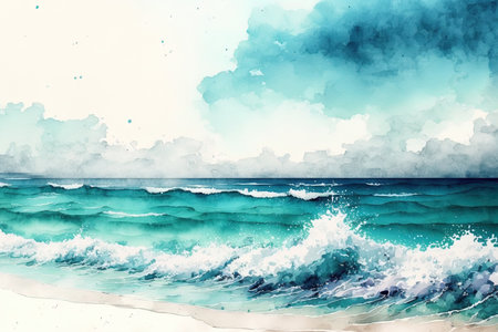 Beautiful turquoise and light blue ocean in watercolorの素材