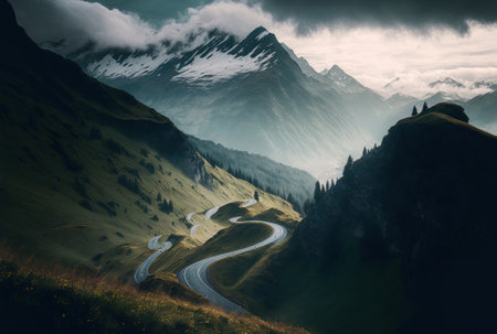 Beautiful views of a route in the Swiss Alpine Mountains against a foggy skyの素材