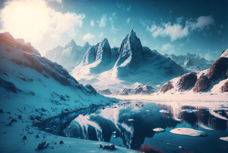 Beautiful wintertime photo of snow covered mountains against a blue skyの素材