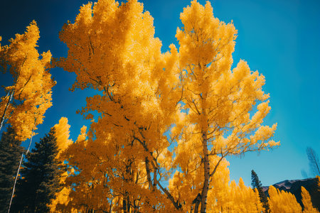 Beautiful yellow leafed trees against a clear skyの素材
