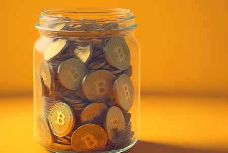Bitcoins in a retired glass jar up close on a yellow backgroundの素材